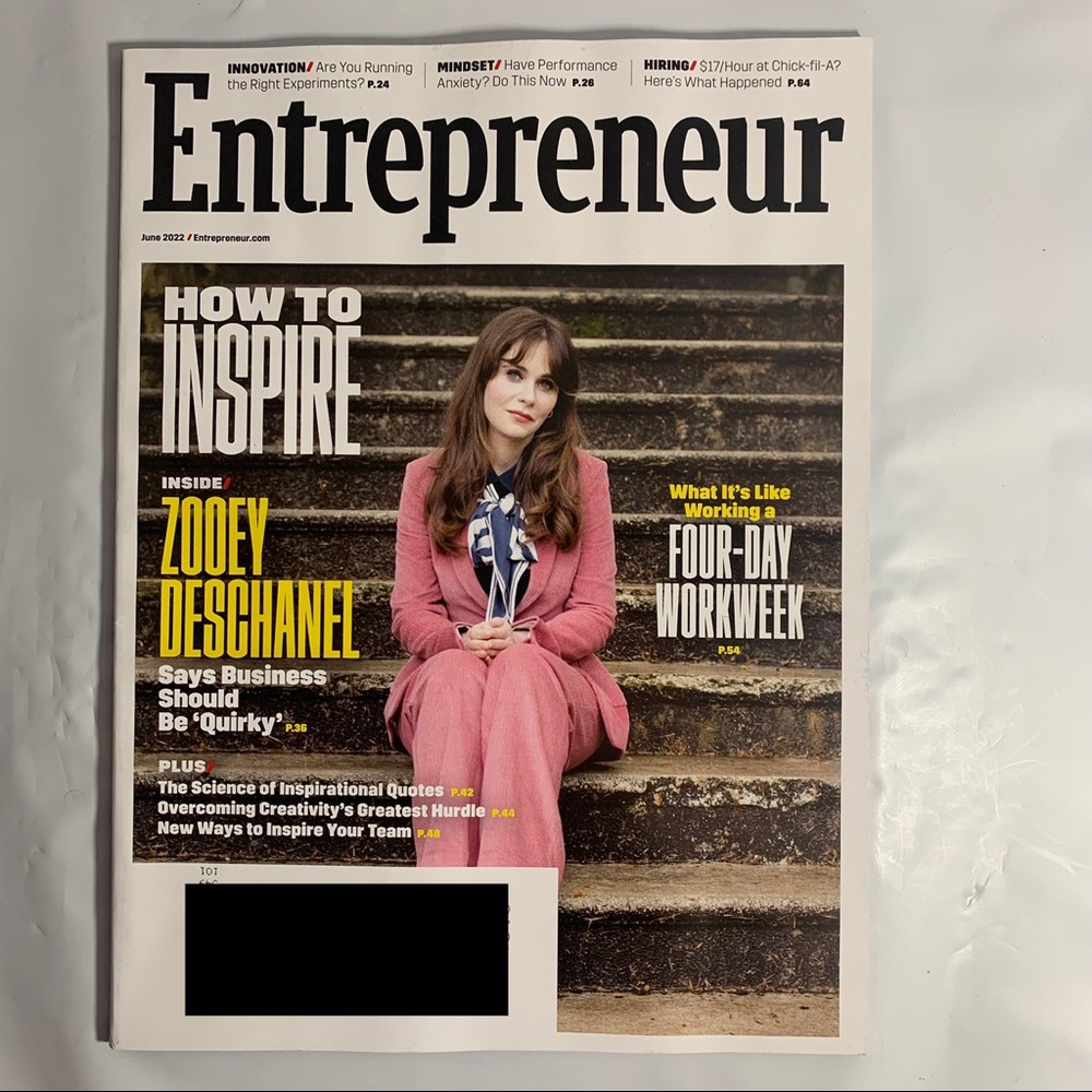 Entrepreneur Magazine June 2022 Zooey Deschanel Four Day Work Week Inspire